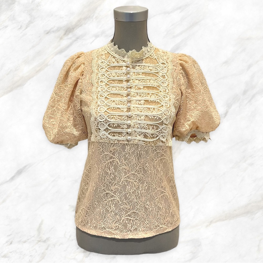 Vintage | Pearl & Embroidery Detailed Chest Cream Lace Blouse